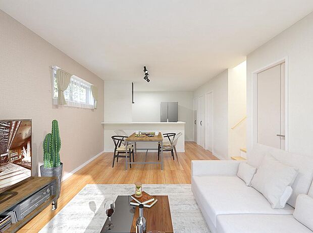 【明るい光が降り注ぐ南向きLDK※イメージパース】■家族の様子をいつも見守れる設計と、自然と会話が生まれる対面キッチン。リビングでのくつろぎの時間を何倍も深めてくれます。