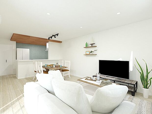 【LDK ※A完成予想パース】ゲストに自慢したくなる、こだわりのデザイン!天井に高低差があることで、空間に奥行きが生まれ、LDK全体が単調にならずグッと引き締まります。