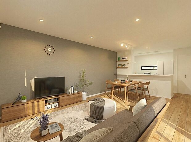 【LDK※完成イメージパース】2面に設けた大きな窓から、柔らかな光がいっぱいに差し込む明るいLDK。心地よい風も通り抜け、一日中気持ちよく過ごせるのが魅力です。