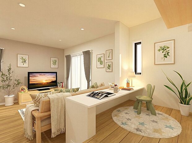 【LDK（小上がり）※イメージパース［C棟］】段差が心地よいメリハリを生み、腰掛けやごろ寝もできる多用途な空間として、使い勝手のよい小上がり。