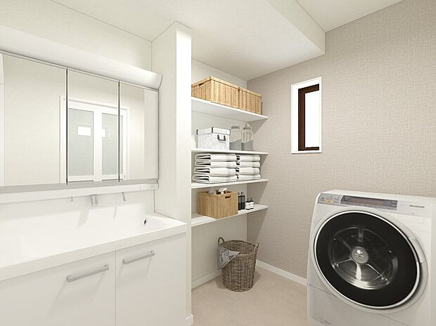 【洗面化粧室(No.B)※完成イメージパース】■タオルや洗剤のストックがたっぷり入る可動棚付。掃除用具もストック品もらくらく入る大容量の収納付で、空間を広く、清潔に保てるので毎日、心地よく使えます。