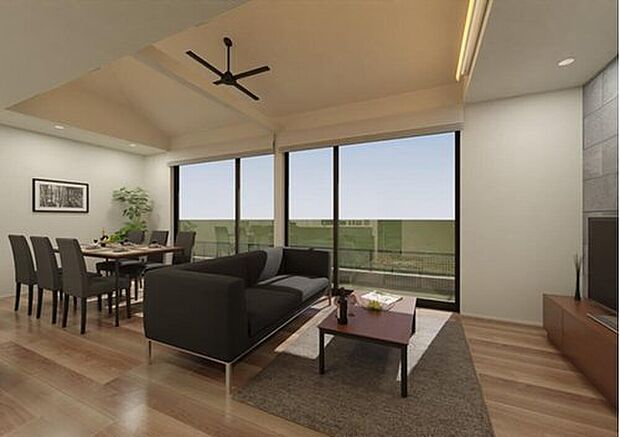 【No.4　LDK】吹抜け勾配天井と、2つの窓を並べて5m幅の大開口が開放感あるLDK。ゆとりと団らん時間を過ごせます。