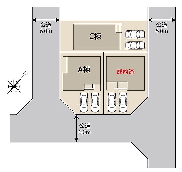 全3棟
並列で2台駐車可能なカースペースは、来客時やご家族の自転車置き場としてもご利用いただけて便利です。前面道路は約6ｍとゆったりしておりますので、駐車時も安心。