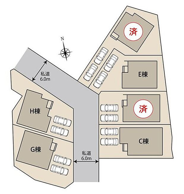 全6棟の分譲地で、前面道路はゆとりの6m幅。車の出し入れもしやすく、開放感のある街並みが広がります。