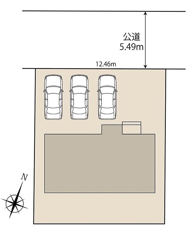 【全体区画図】【限定1棟】来客時にも安心のカースペース並列3台分！前面道路も5.49mとゆったりしており、忙しい日々も安心。