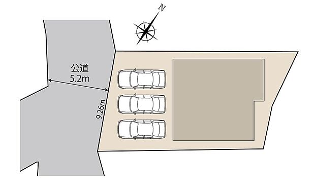 【全体区画図】限定1棟！来客時にも安心の並列3台分！前面道路でゆったりしており、駐車時も安心です。