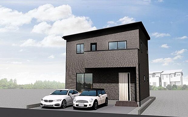 【【B棟外観イメージ】】ブラウンベースの外観に明るい印象の玄関扉が映える、温かみのある住まいです。
モダンなフォルムが街並みに調和し、バルコニー配置にも配慮したプライバシー性の高い設計です。
駐車スペースもゆとりがあります。