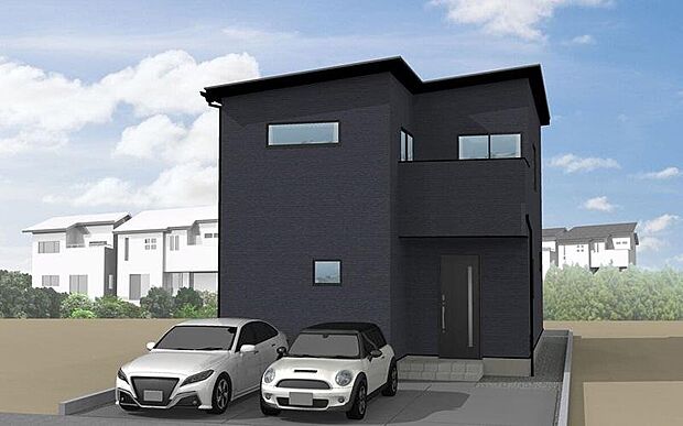 【C棟　完成予想図】駅徒歩圏×全邸南向きの明るい住環境。落ち着いた色合いでまとめた外観は、シンプルながらも上質な印象。周囲の街並みに自然と調和し、長く愛着を持って住み続けられる佇まいです。