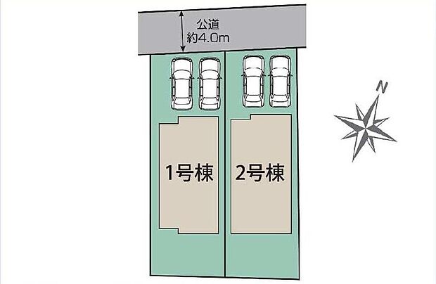 【全体区画図】ご家族で複数台お車をお持ちの方にも安心。
並列2台駐車が可能な、ゆとりのあるカースペースです。