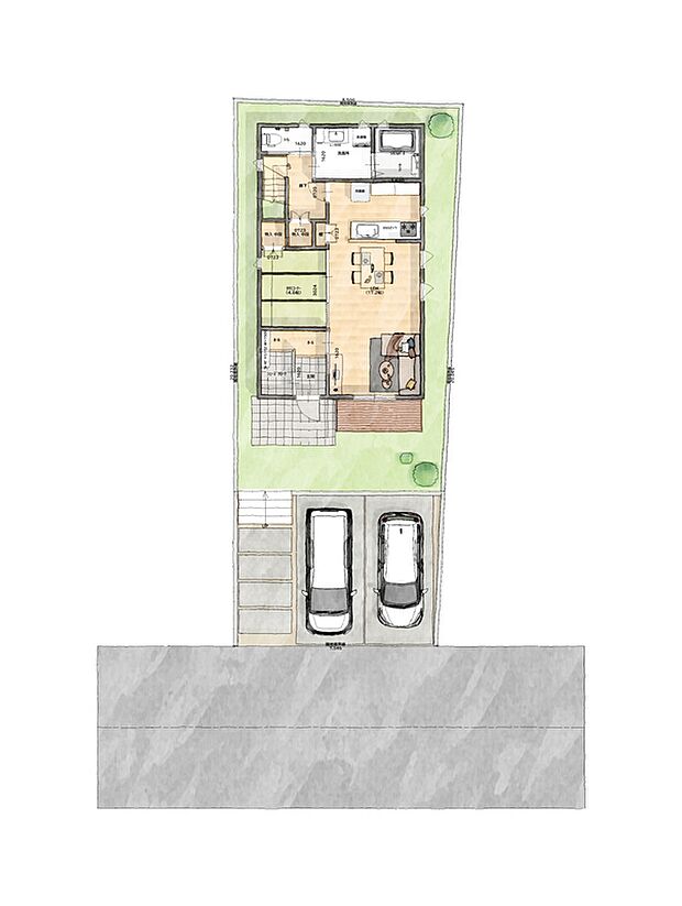 【No.2】参考プラン1階配置図。道路から段差があるため、1階もプライバシーを守ることができます。