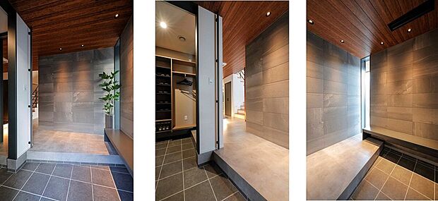 【当社施工例　玄関】《お泊りハウス・名古屋守山展示場》「ただいま」の動線。帰宅後すぐに靴や上着をしまい手を洗う習慣が自然と身につきます。