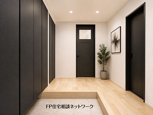 【内観イメージパース】玄関ホールがスッキリ広々としていると帰る時も出ていく時も気持ちが良い。来客を出迎える玄関が綺麗ならその家の印象が良くなる。