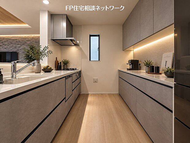 本画像のカップボード、家電等はCGイメージで販売価格に含まれず付帯しません。吊り下げ棚工事は有償です。