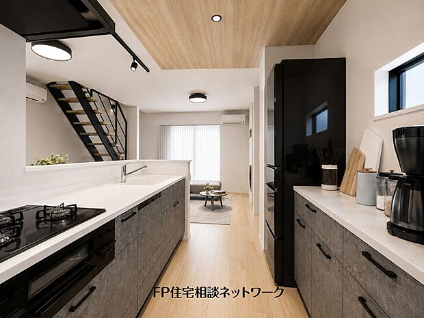 【内観】【内観イメージパース】新しいキッチンは食事の支度も楽しく出来る。お手伝いをしてくれるお子様と並びながら準備や片付けが出来るキッチンです。