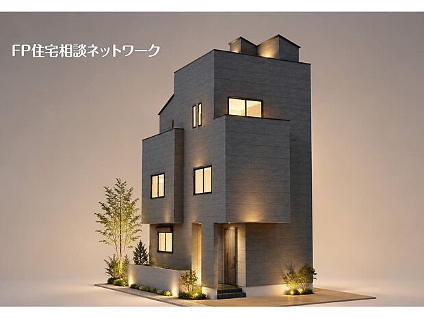 完成予想イメージ:黒を基調としたモダンで高級感あふれるデザイナーズ住宅。広々としたルーフバルコニーを採用し、開放的な暮らしを実現。シンプルで飽きのこない外観は、美しく映える住まいです。