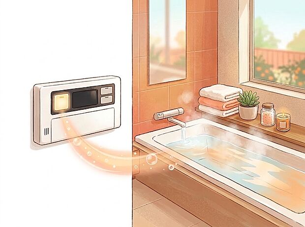 【オートバス】オートバス スイッチひとつで設定した温度・水量のお湯張りを自動で行う機能です。保温や追い焚きもでき、いつでも温かいお風呂を楽しめます。