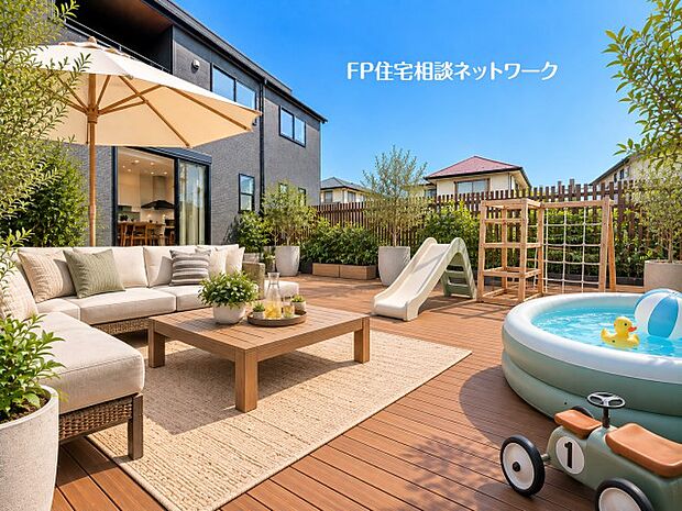 【庭】本画像のウッドデッキパネル、家具、植栽等はCGの配置イメージです。販売価格にこれら等は含まれません。
