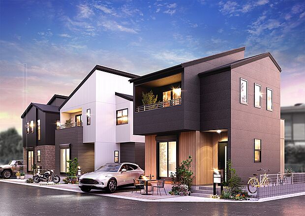 【立体感を際立たせるカラーリング】家のフォルムに沿って外壁を貼り分け、デザイン性と立体感を持たせるとともに、高級感を出しています。（1期街並み完成予想図）