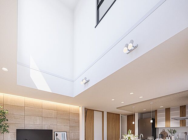 【吹抜リビング】ご家族の団らんや寛ぎの中心となるリビング空間をさらに際立たせる吹抜け天井プラン。（内観完成予想図より）