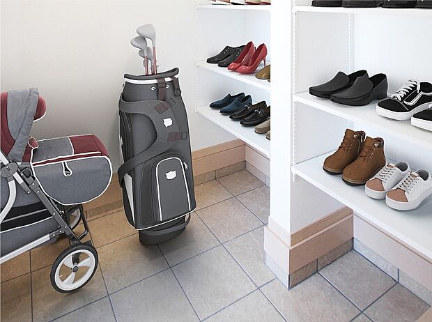 【シューズクローク】土間スペースには、ベビーカーや外遊び道具などもスッキリ収納できます。※住戸により設備仕様が異なります。