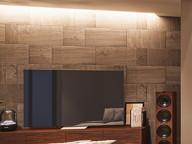 リビングにアクセントウォールを設けました。ダウンライトの光が照らす、表情豊かな光の演出。くつろぎの空間をおしゃれで華やかに演出します。※画像はイメージです。実際の商品とはデザイン・仕様が一部異なります。