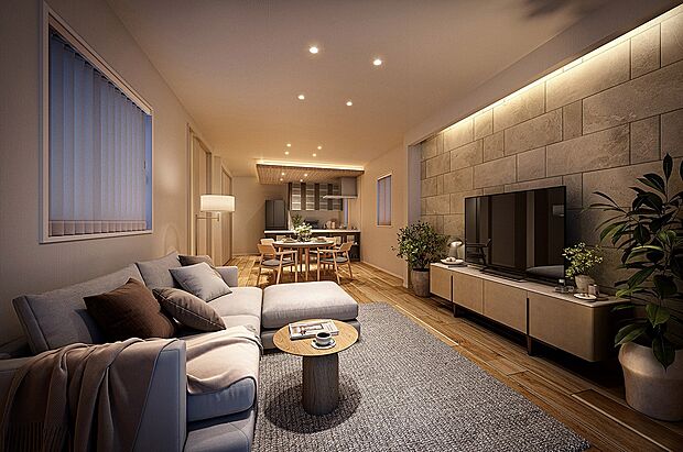 天井高がもたらす縦方向の開放感と、LDK最大20.7帖というゆとりある広がりが、のびやかで心地よいひとときを描き出します。（1号棟 内観完成予想図）