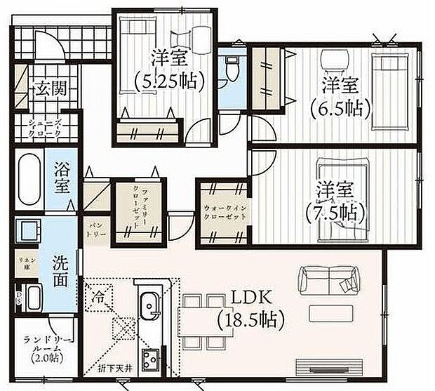 【3LDK】ご家族が集うLDKは広々18.5帖!
ウォークインクローゼット完備!