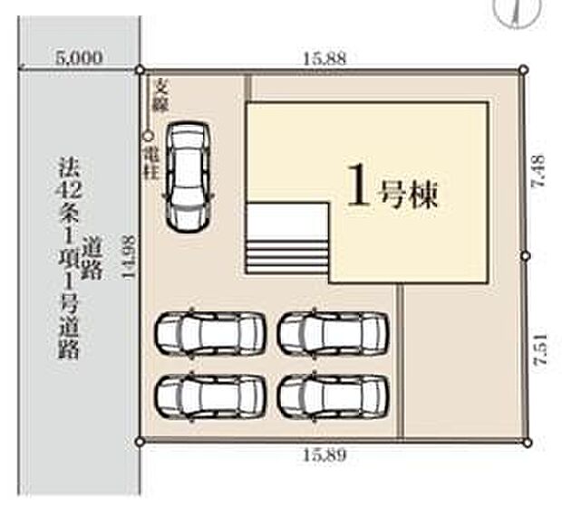【全体区画図】カースペースは5台分ご用意しております。