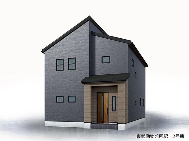 ダークグレーの外壁と木調玄関が調和した2階建て。整然とした窓配置が穏やかな佇まいを演出し、玄関ポーチもゆとりある設えで迎え入れます。