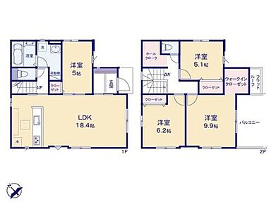 ◆広くて明るい18.4帖のＬＤＫ♪食洗機標準装備の対面キッチン
◆ゆったり広めの可動棚付き洗面脱衣室
◆大容量！主寝室のＷＩＣなど収納豊富な間取り 