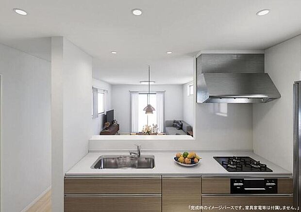 【【システムキッチン】完成予想図(内観)】見栄えもよくお手入れもスムーズに出来ます。豊富な収納力もございますので、キッチンスペースをスッキリとお使い頂けそうです。