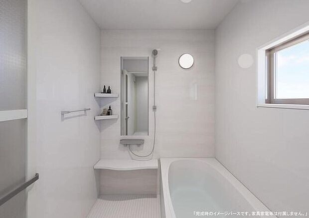 【【浴室】完成予想図(内観)】どのような建物が建つか、間取りの広さはどうかなど、気になる点は丁寧にご説明いたします。資料請求やご案内は即日対応いたします。土日や平日、お仕事終わりの時間など、ご都合に合わせてご案内いたします。