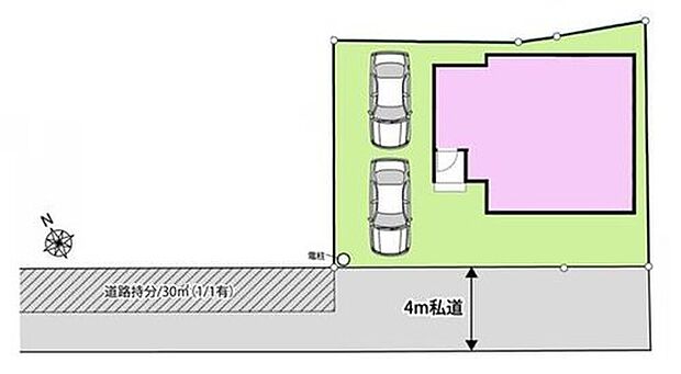 【全体区画図】◆敷地広々48.9坪！駐車スペース２台分
◆南面道路で陽当たり良好＋全居室南向き♪
◆お買い物も便利な閑静な住宅街