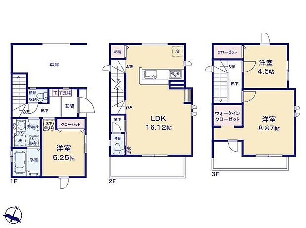 【3LDK】◆明るい2階リビング
◆お部屋すっきり全室収納付き♪主寝室にはWICつき
◆2階と3階に南向きのバルコニー♪
◆雨風からお車を守るビルトイン車庫
◆玄関から洗面室へ直行でき、帰宅後すぐに手洗いできます