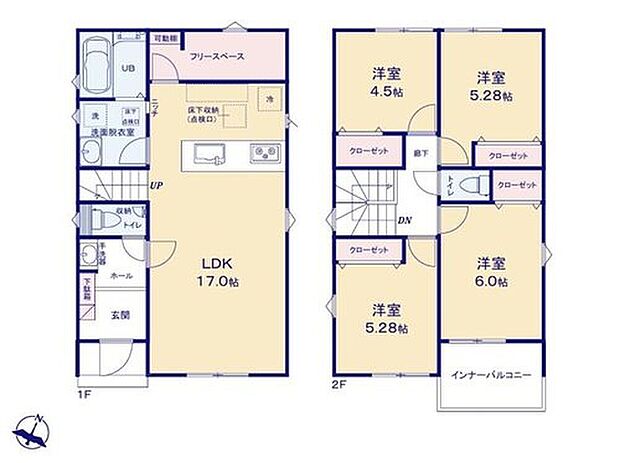 【4LDK】◆動きやすい水回り設計
◆キッチンの後ろには大容量のフリースペース♪パントリーとしてもお使いいただけます
◆玄関に手洗いカウンター、突然の雨も安心のインナーバルコニーほか設備も充実！