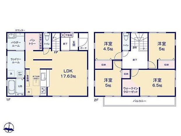 【4LDK】◆お料理しながらリビングが見渡せる対面キッチン
◆水回りが集中した動線で忙しい時間帯も効率よく動けます
◆全室収納付き♪パントリーやＷＩＣのある収納豊富な間取り
