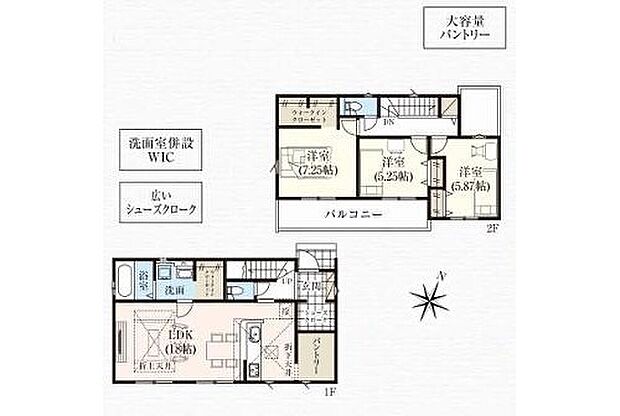 【3LDK】◆リビング広々18帖のLDK♪リビングが見渡せる対面キッチン
◆家事動線がスムーズ♪まとまった水回り設計
◆主寝室と洗面所にWIC、キッチンにパントリー、玄関にSICのある収納豊富な間取り