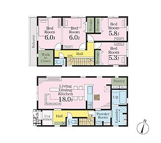 全居室収納に加えて、パントリーやWICなど大型の収納も備えたゆとりの住まい！2階12帖洋室はライフステージに合わせて2部屋に分けることも可能です♪（別途オプション工事） 
