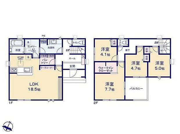 【4LDK】◆広くて明るい18帖のＬＤＫ♪リビングが見渡せる対面キッチン◆玄関とリビングの２方向から出入り可能な洗面所◆7.7帖の主寝室には大容量のＷＩＣ付き