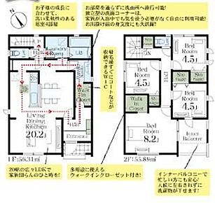 ◆20帖の広々LDKで家族団らんのひと時を！
◆多用途に使えるWIC
◆雨の日も安心なインナーバルコニー
◆お子様の成長に合わせて、高い柔軟性のある居室4部屋 