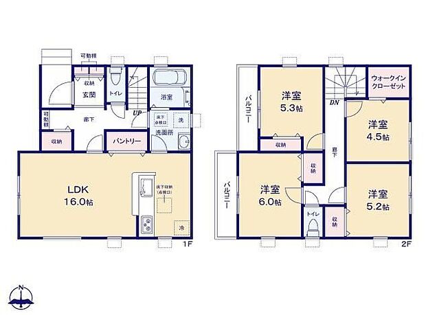 【4LDK】◆リビングが見渡せる対面キッチン◆家族みんなが動きやすい、ストレスフリーな回遊動線の間取り◆ゆとりある4LDKの間取り♪お部屋すっきり全室収納付き