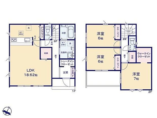 【3LDK】◆広くて明るい18.6帖のＬＤＫ♪収納もありリビングを広くお使いいただけます◆玄関から洗面所へ直行でき入室前に手洗い完了！清潔を保てます◆お部屋すっきり全室収納付き