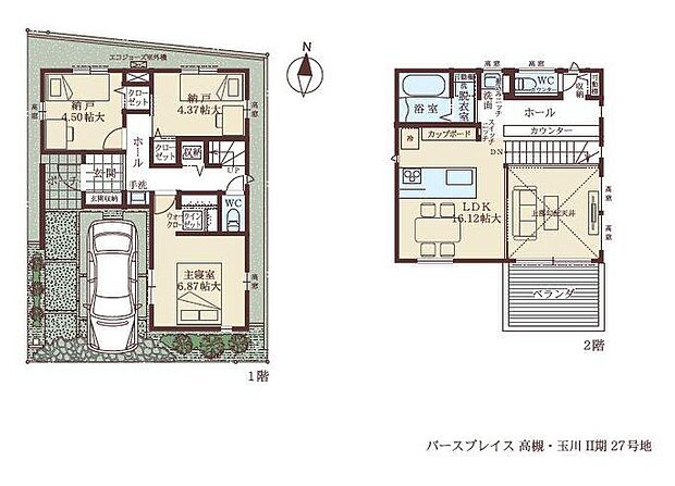 【II期27号地モデルハウス】
リビング・ダイニングなどでゾーニングしやすい間取り設計。LDKの延長として利用できる、南面ウッドバルコニー付きです。家事スペースとしても活用可能なカウンターあり。