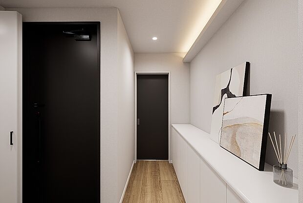 【【内観イメージパース/9号地モデルハウス】】天井の間接照明が奥行きを演出。壁面には白いカウンターを設け、絵画やルームフレグランスなどの小物を飾れます。※CG画像のため、実際とは多少異なる場合があります。