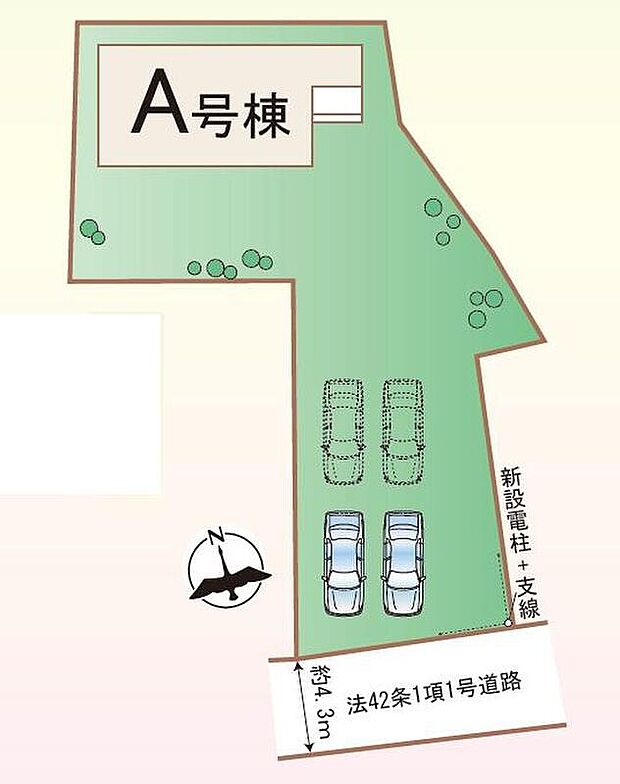 土地102坪超えの広々敷地！カースペースは４台駐車可能♪建物南側にもゆとりがあり、日当たり・風通し良好です。