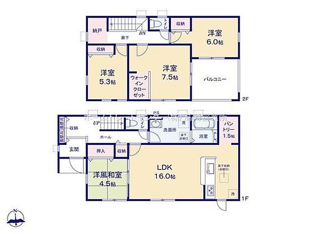 【4LDK】全室南向き、収納豊富設計(キッチン横にパントリー収納、2階にはストレージルーム)