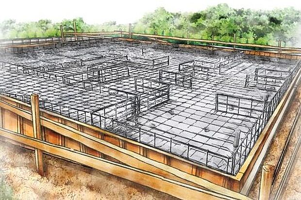 【【ベタ基礎工法】】基礎に「鉄筋入りコンクリートベタ基礎」を標準採用。碁盤目状に配筋し、コンクリートを流し込んで造ります。建物の加重を分散して地面に伝えることができ不動沈下に対する耐久性や耐震性を向上することができます。