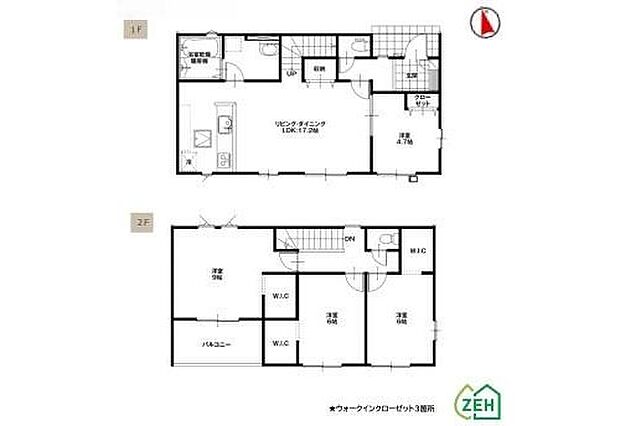 【4LDK】2階の居室は全て6帖以上のゆとりの設計♪
2階のお部屋にはWICがついているので荷物が増えてもお部屋をスッキリとお使いいただけます!