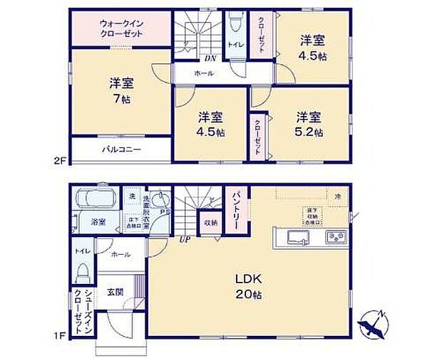 【4LDK】LDKは広々20帖♪
テーブルやソファ、カーテン選び、レイアウトを考えるのも楽しいですね!
パントリー付きなので買いだめしてもスッキリ収納できます♪