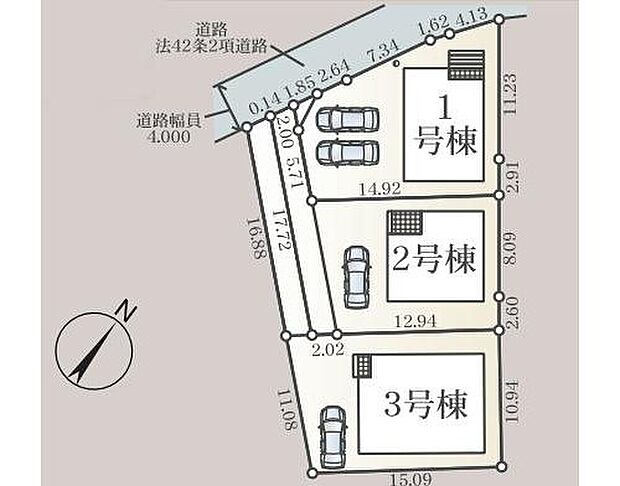 【全体区画図】カースペースは1～2台駐車可能です。
落ち着いた住環境で心安らぐ住宅地。周辺に高い建物が無く、空が広く大きく感じられます♪